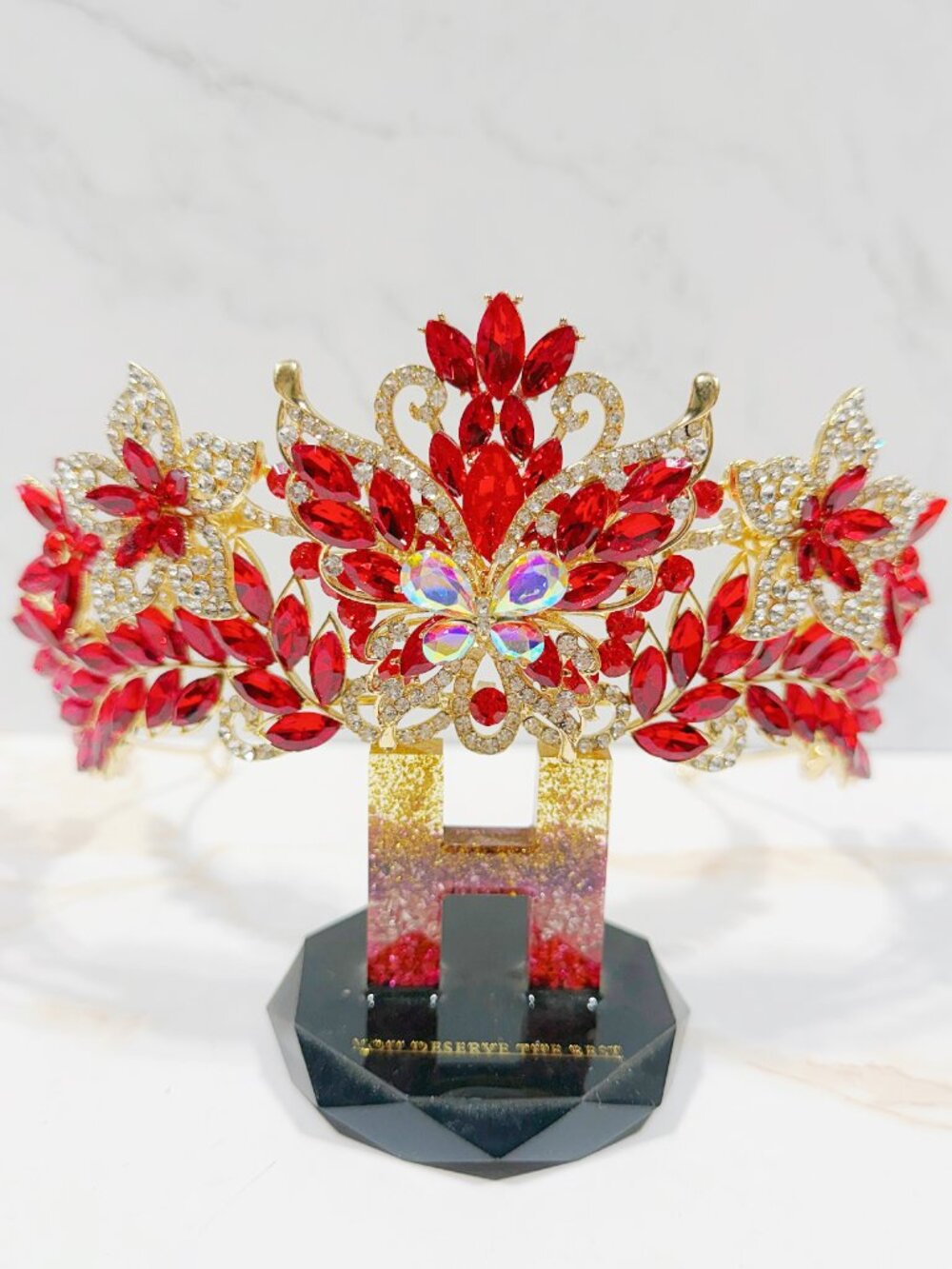 Red Crystal Butterfly Tiara Crown Gold Tone Pageant Prom Wedding Headpiece - Picture 4 of 8